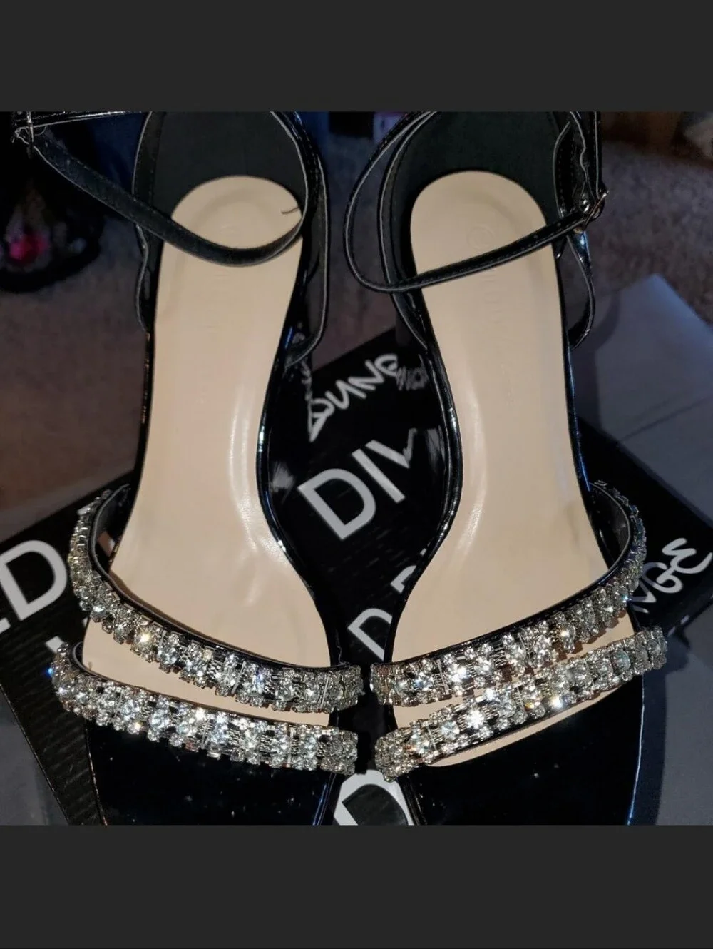 *NEW IN BOX!!!* Black Patent Platform Wedge Heels with Crystal Straps
